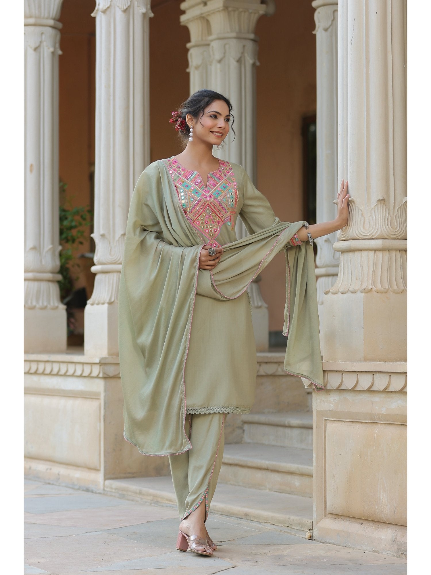 Piharwa Pista Green Thread and Mirror Work Kurta
