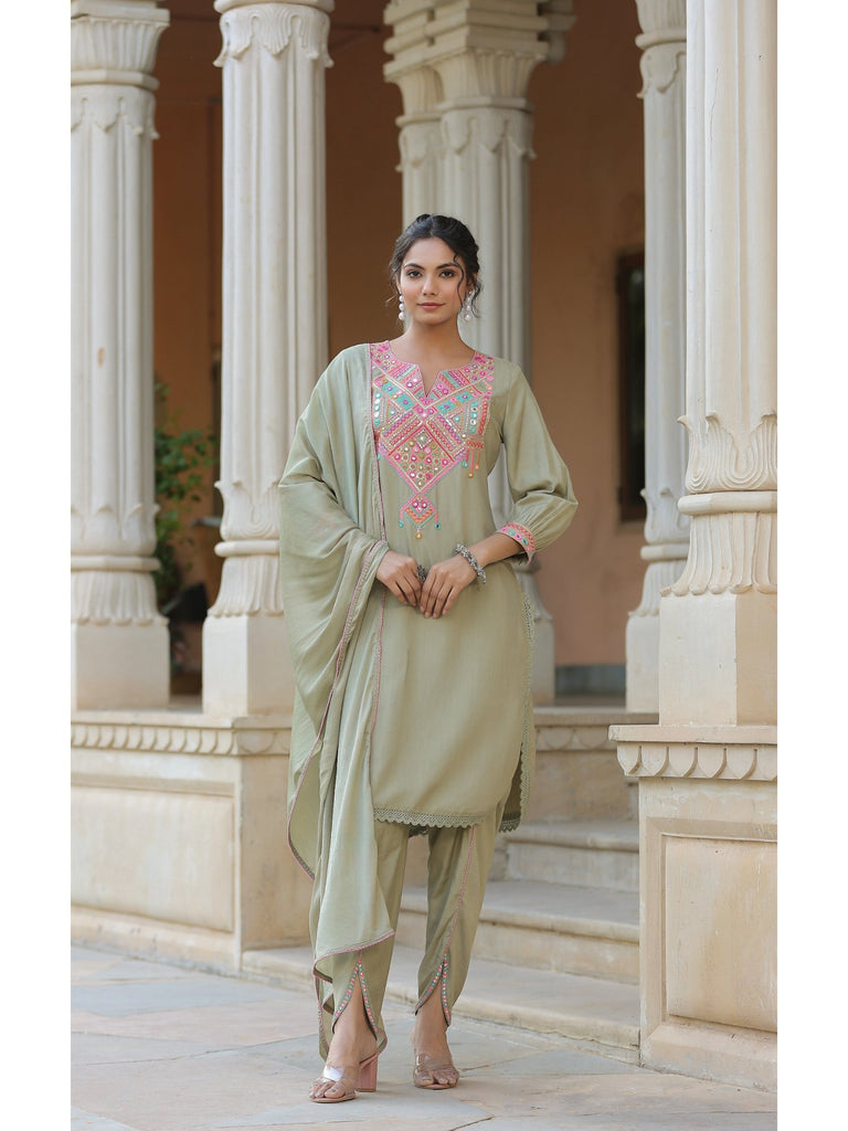 Piharwa Pista Green Thread and Mirror Work Kurta Pista Green