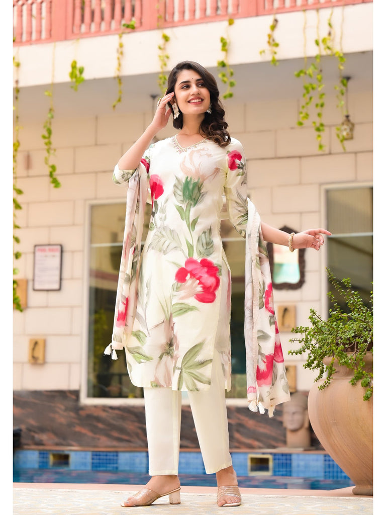 Piharwa OFF- WHITE FLORAL V NECK HAND WORK DESIGNER STRAIGHT CUT SUIT