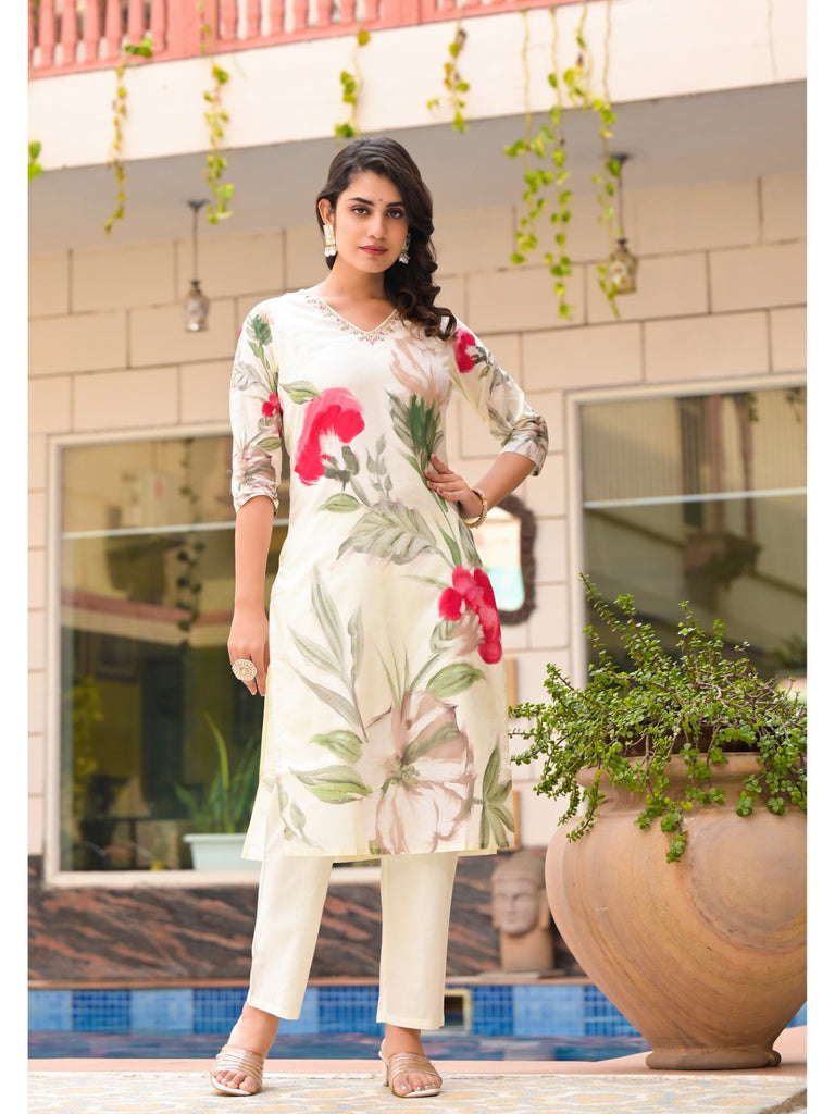 Piharwa OFF- WHITE FLORAL V NECK HAND WORK DESIGNER STRAIGHT CUT SUIT