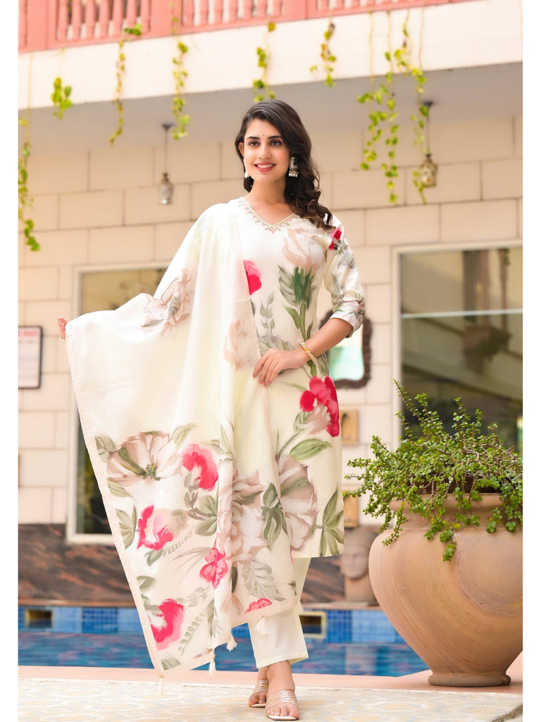 Piharwa OFF- WHITE FLORAL V NECK HAND WORK DESIGNER STRAIGHT CUT SUIT Pink and White