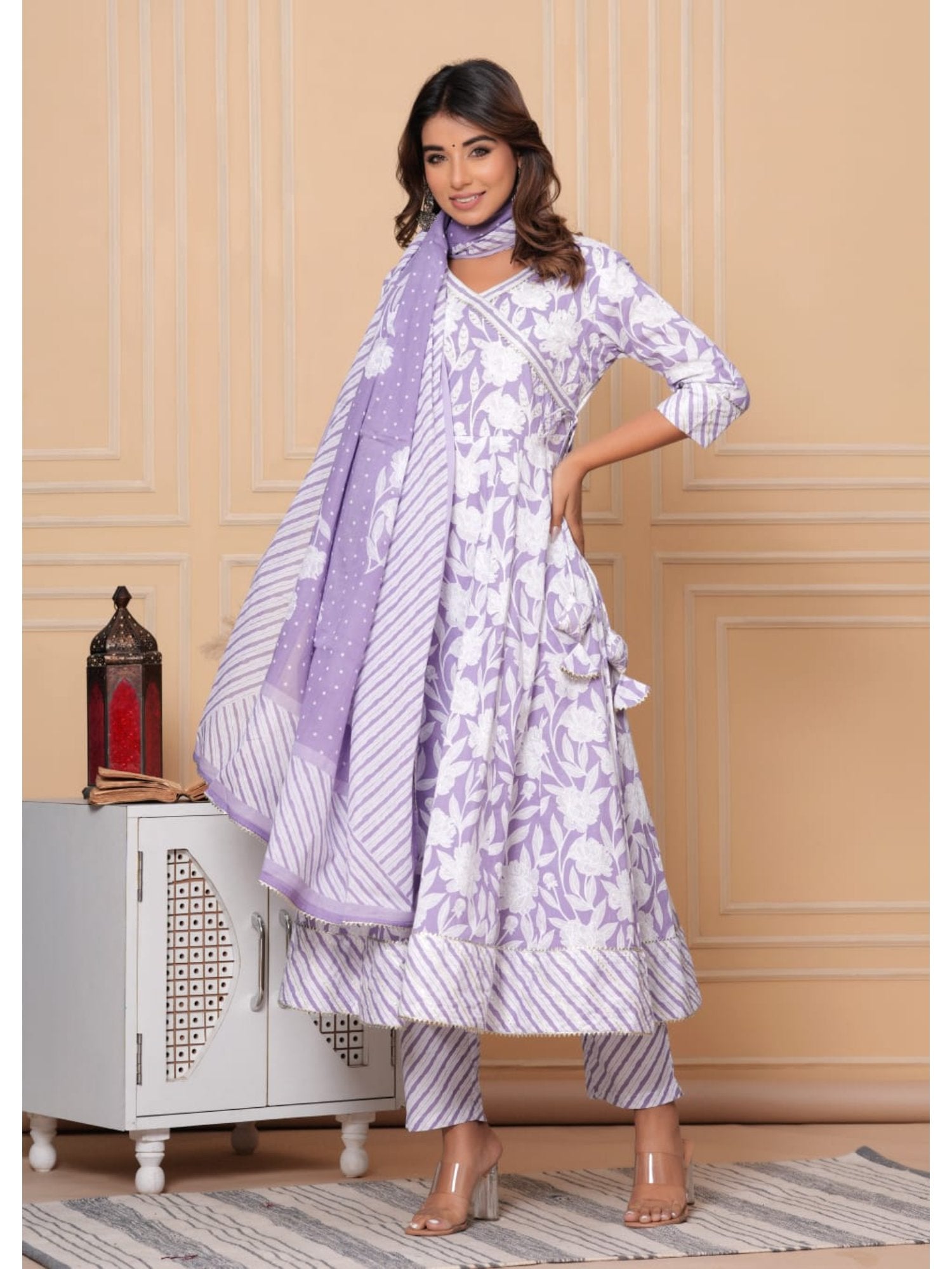 Piharwa Cotton Frock Style Angrakha Design Purple and White