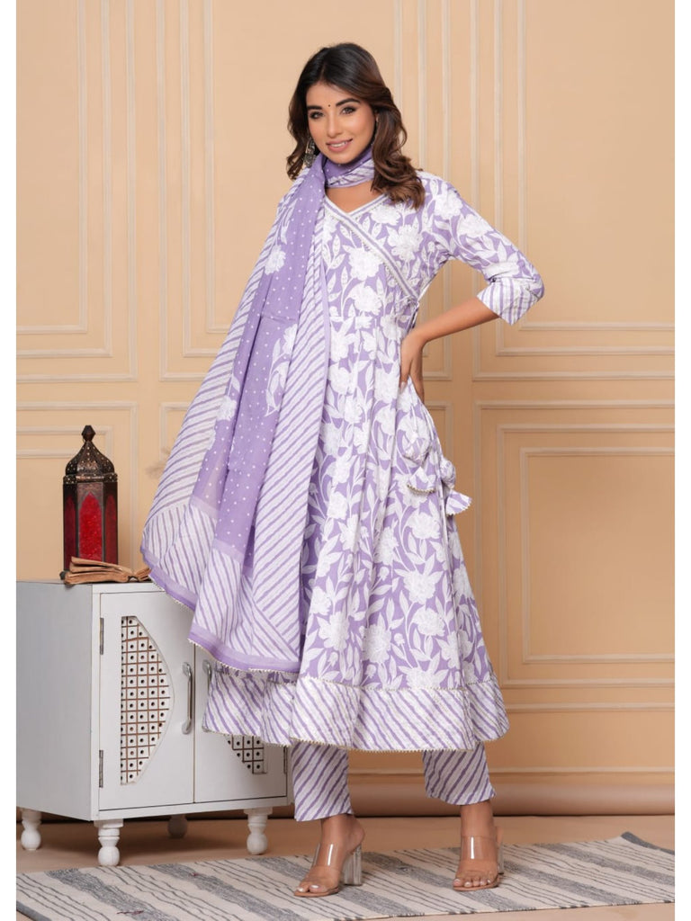 Piharwa Cotton Frock Style Angrakha Design Purple and White