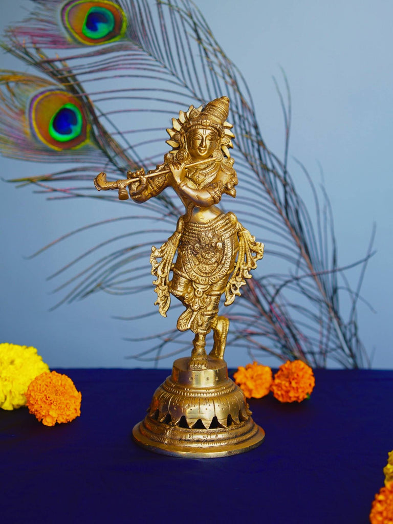 Elements of Piharwa Brass Idol Of Lord Shri Krishna Playing The Flute Golden