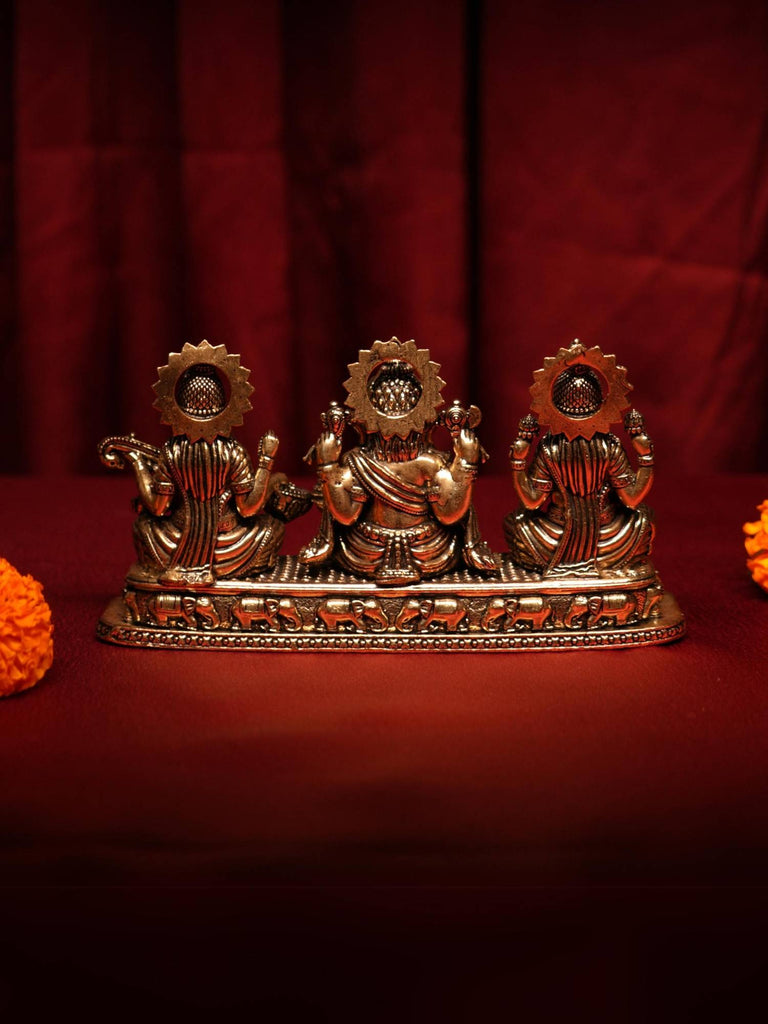 Elements of Piharwa Brass Ganesh Laxmi Saraswati On Stand with Chowki