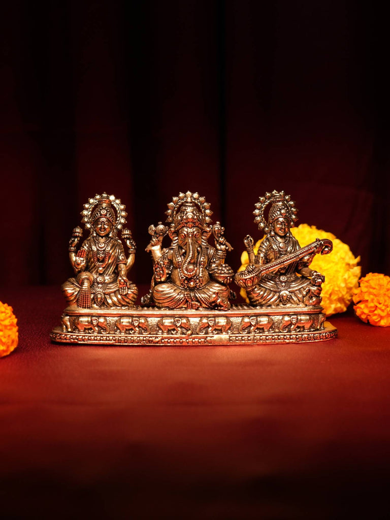 Elements of Piharwa Brass Ganesh Laxmi Saraswati On Stand with Chowki