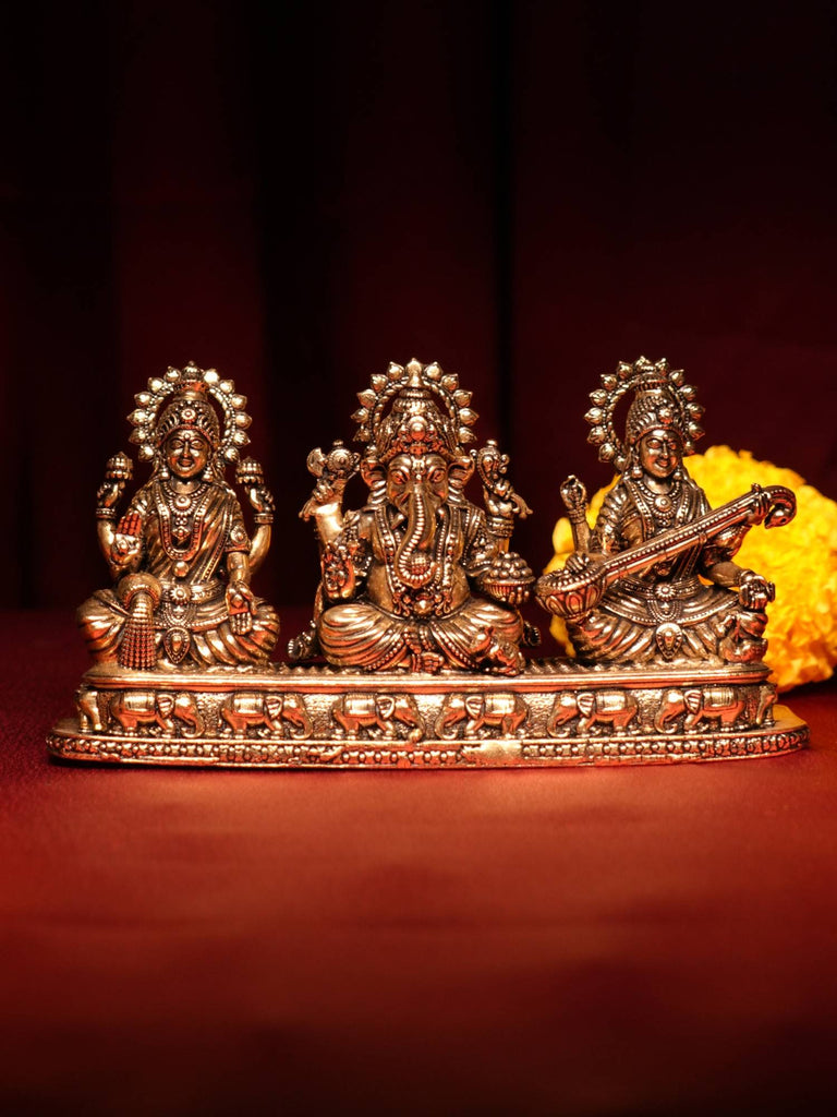 Elements of Piharwa Brass Ganesh Laxmi Saraswati On Stand with Chowki