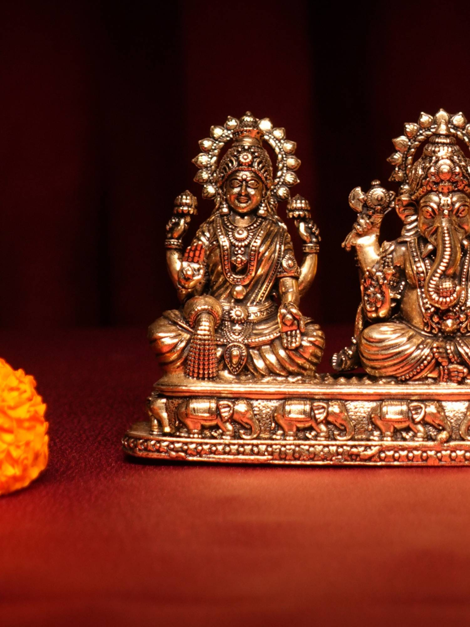 Elements of Piharwa Brass Ganesh Laxmi Saraswati On Stand with Chowki