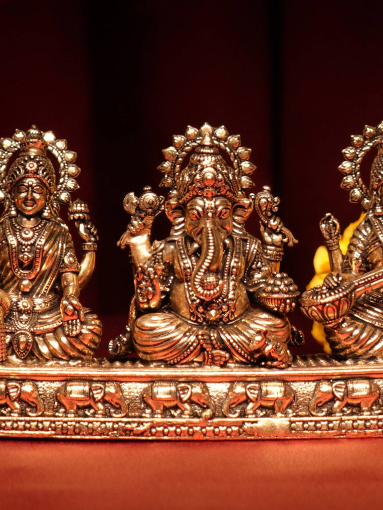 Elements of Piharwa Brass Ganesh Laxmi Saraswati On Stand with Chowki