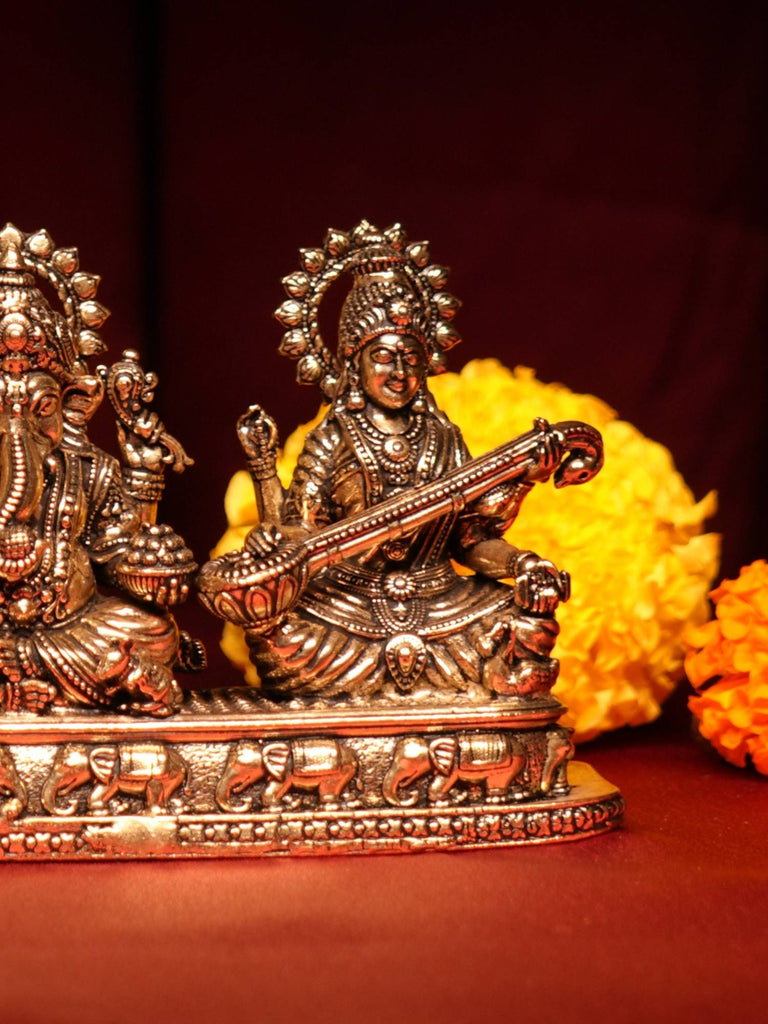 Elements of Piharwa Brass Ganesh Laxmi Saraswati On Stand with Chowki