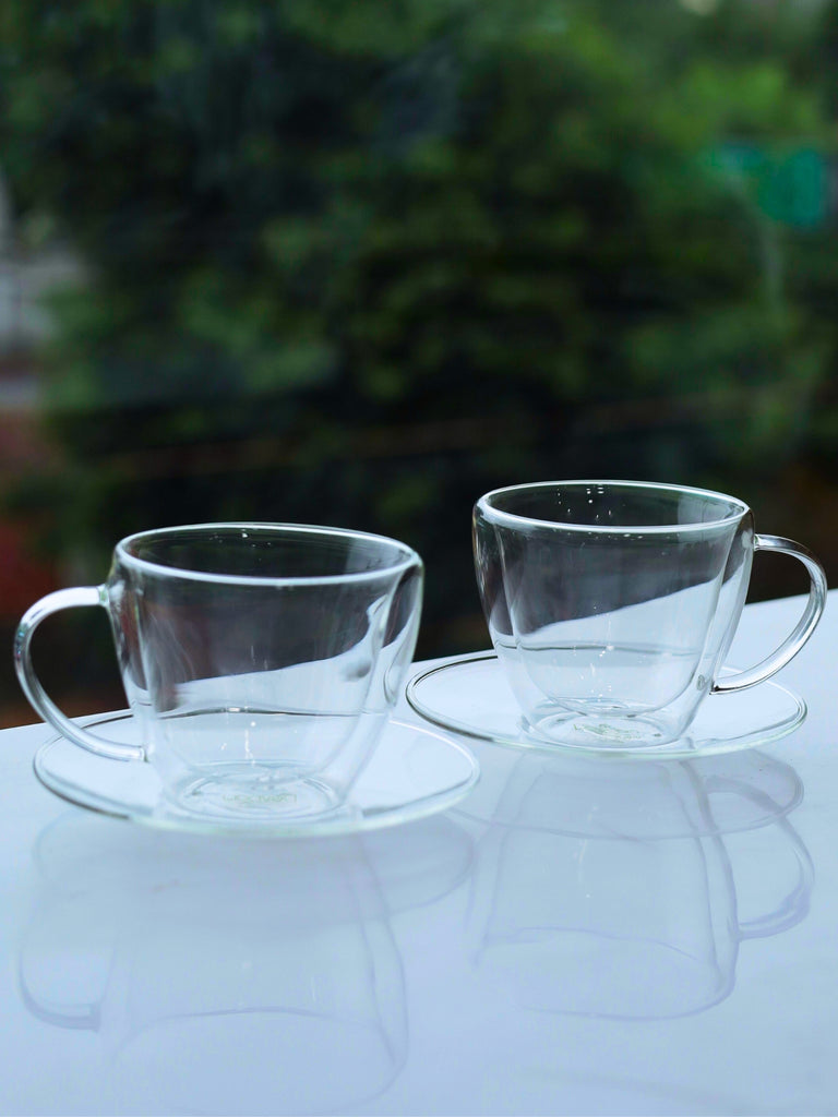 Elements of Piharwa Double Wall Glass Cup with Saucer (Set of 2)