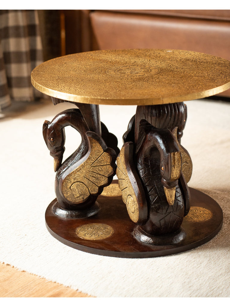 Elements of Piharwa Swan design wooden round table with brass fitted top