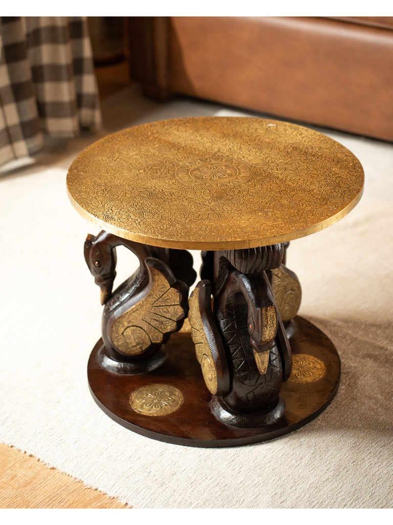 Elements of Piharwa Swan design wooden round table with brass fitted top