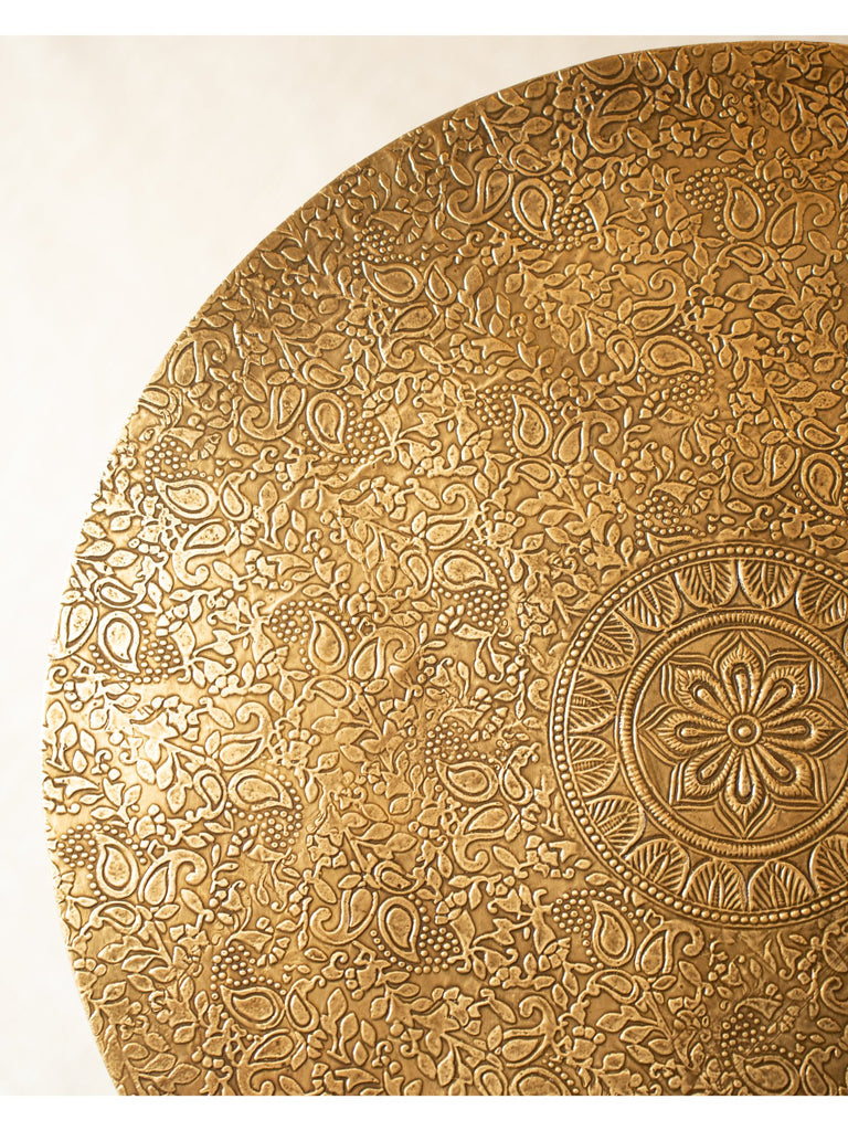 Elements of Piharwa Swan design wooden round table with brass fitted top