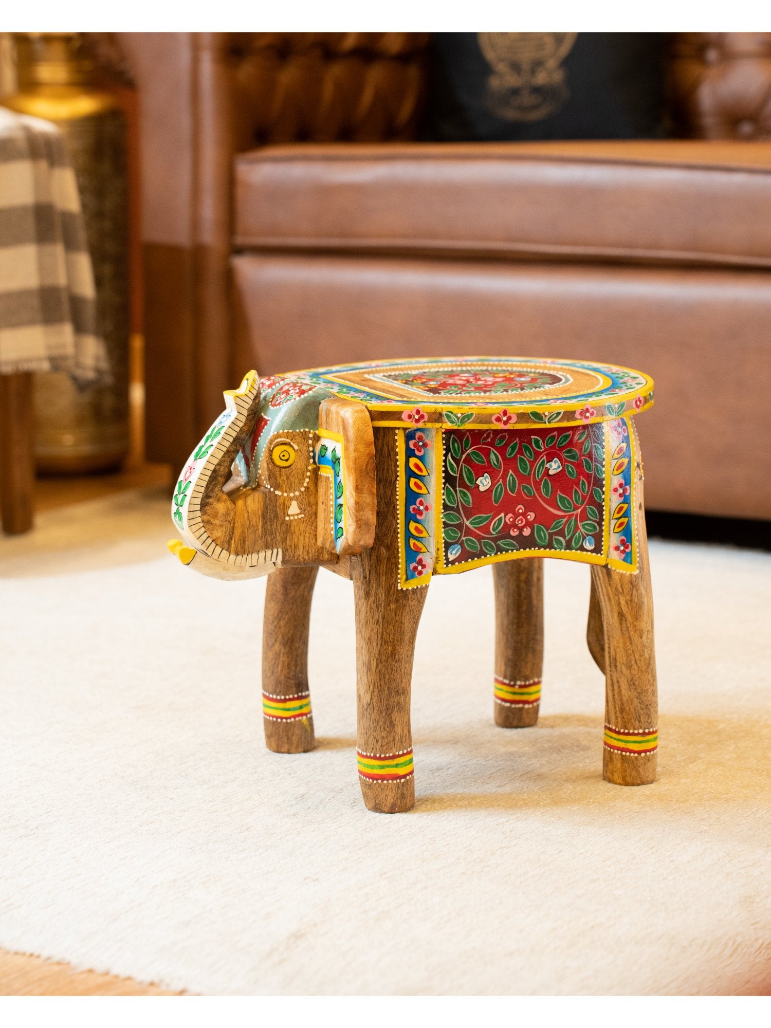 Elements of Piharwa Handcrafted Elephant Bust Side Stool Light Brown - Pichwai 14 inches