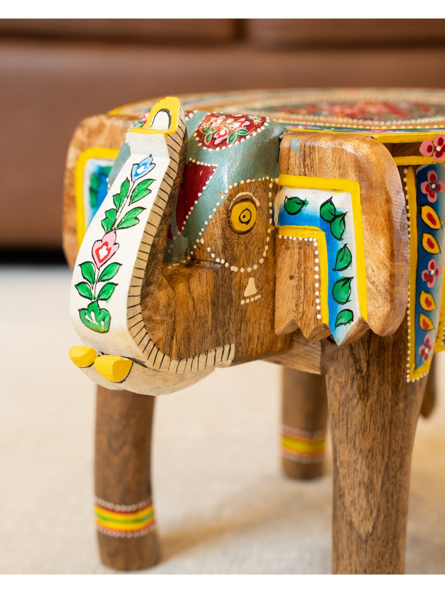 Elements of Piharwa Handcrafted Elephant Bust Side Stool Light Brown - Pichwai 12 inches
