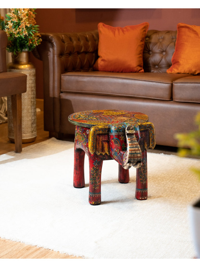 Elements of Piharwa Handpainted Sheesham Wood- Elephant Bust Side Stool