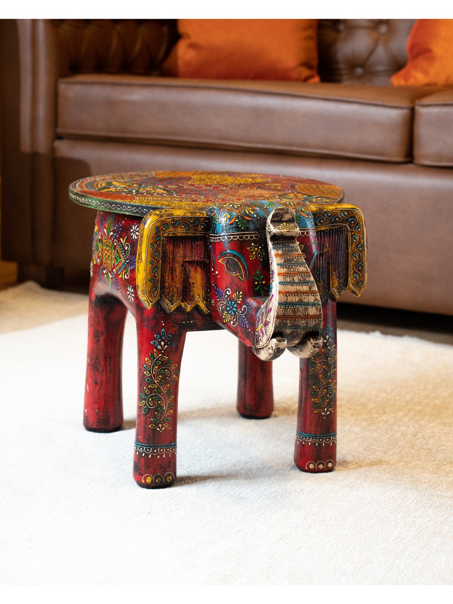 Elements of Piharwa Handpainted Sheesham Wood- Elephant Bust Side Stool