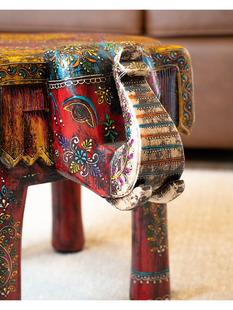 Elements of Piharwa Handpainted Sheesham Wood- Elephant Bust Side Stool