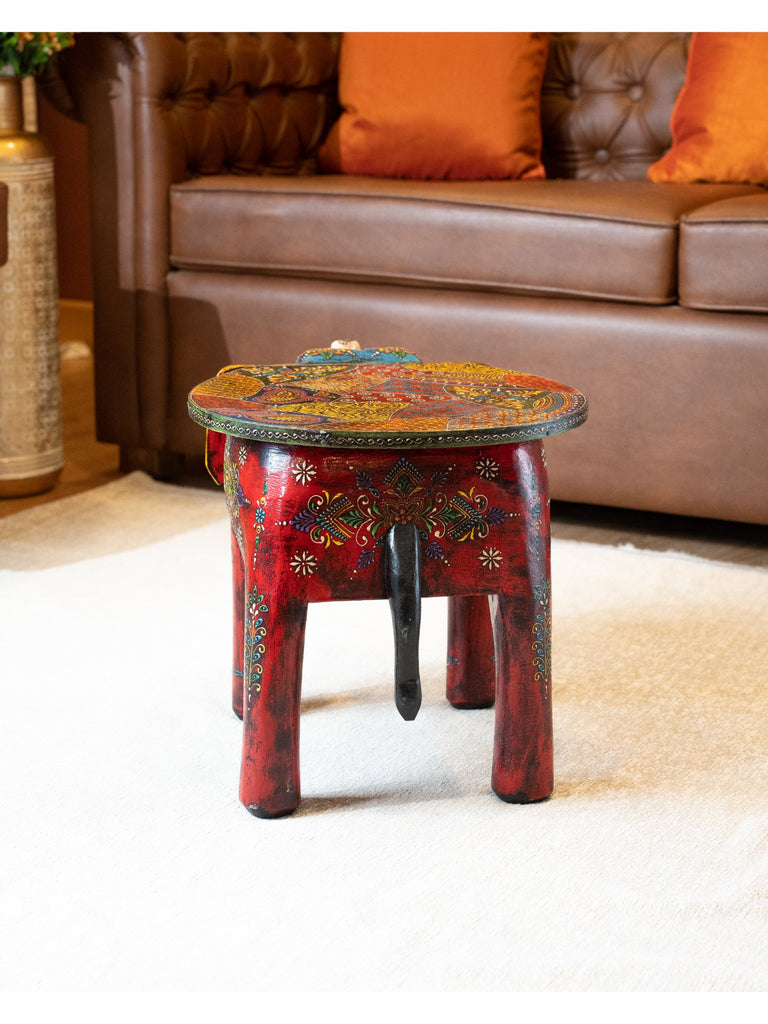 Elements of Piharwa Handpainted Sheesham Wood- Elephant Bust Side Stool