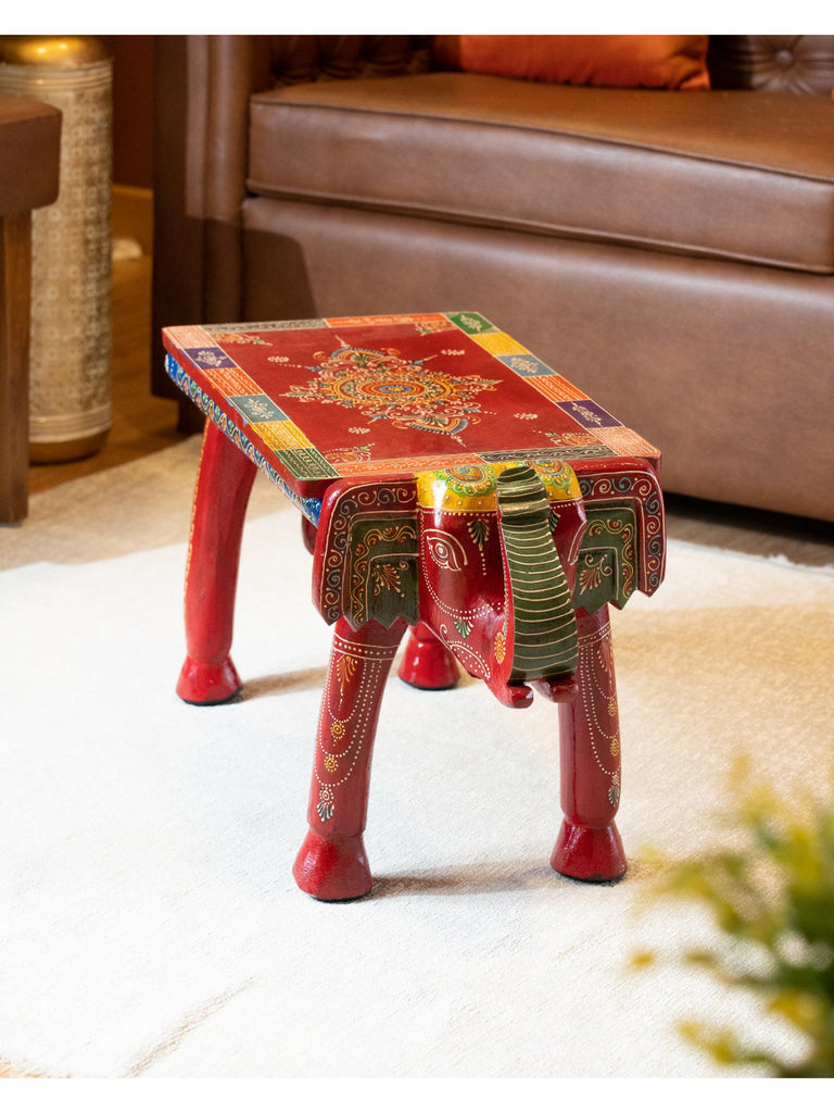 Elements of Piharwa Handpainted sheesham wood- elephant bust stool