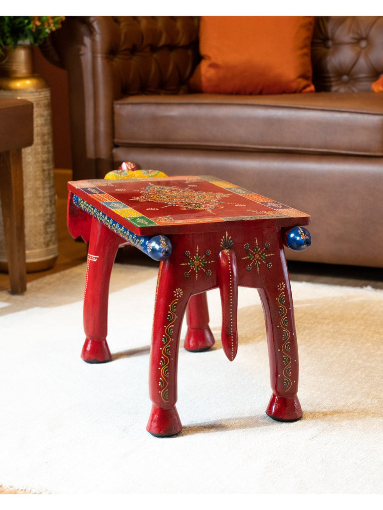 Elements of Piharwa Handpainted sheesham wood- elephant bust stool