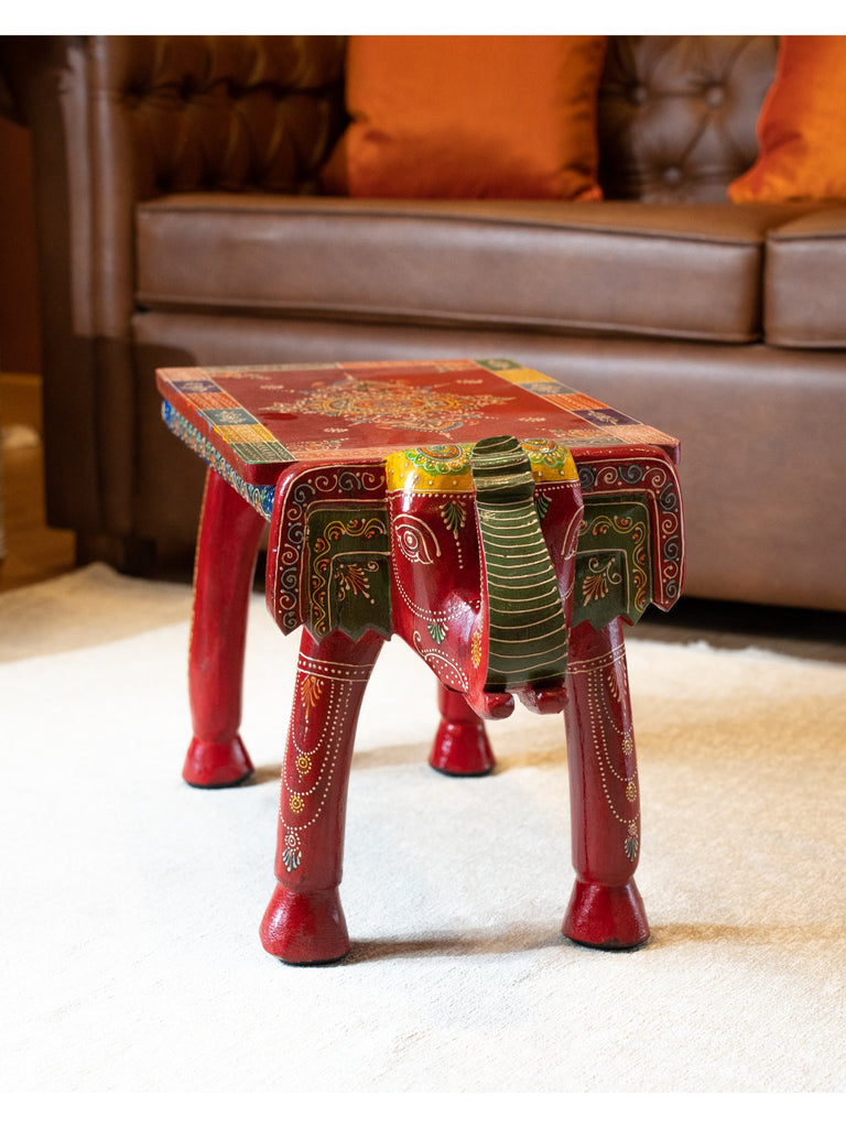 Elements of Piharwa Handpainted sheesham wood- elephant bust stool