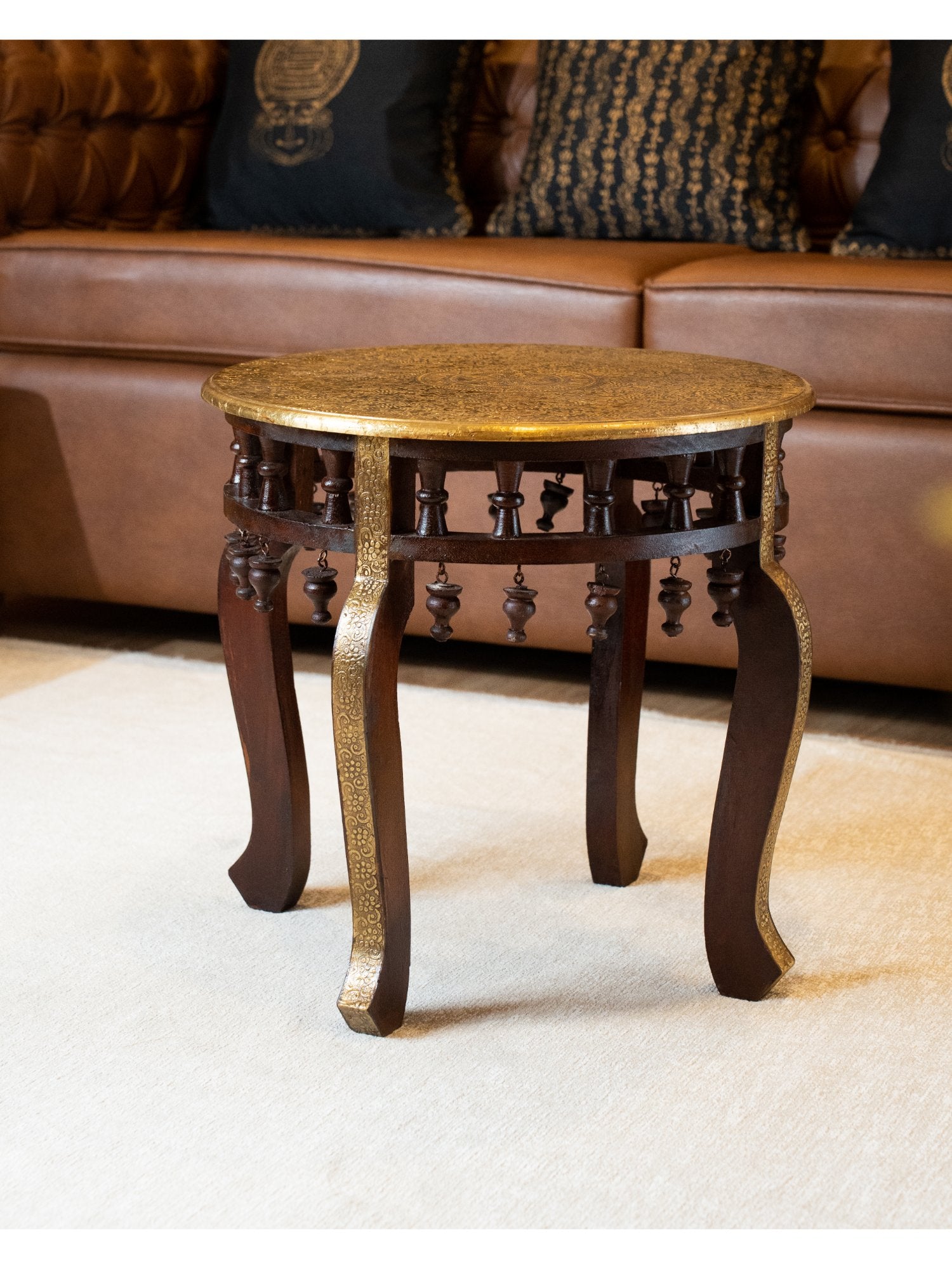Elements of Piharwa Wooden Round Table with Brass Fitted Top