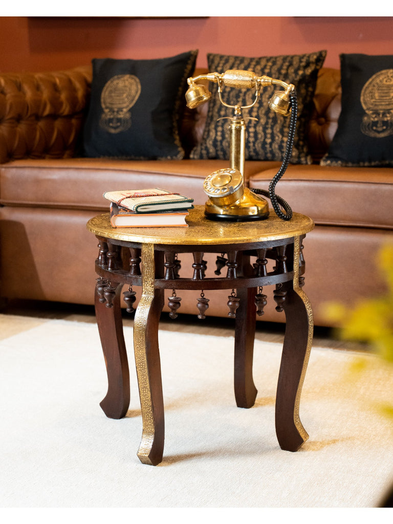 Elements of Piharwa Wooden Round Table with Brass Fitted Top Brown