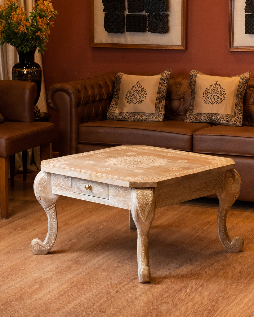 Elements of Piharwa Elephant table with polish embossed Distressed White