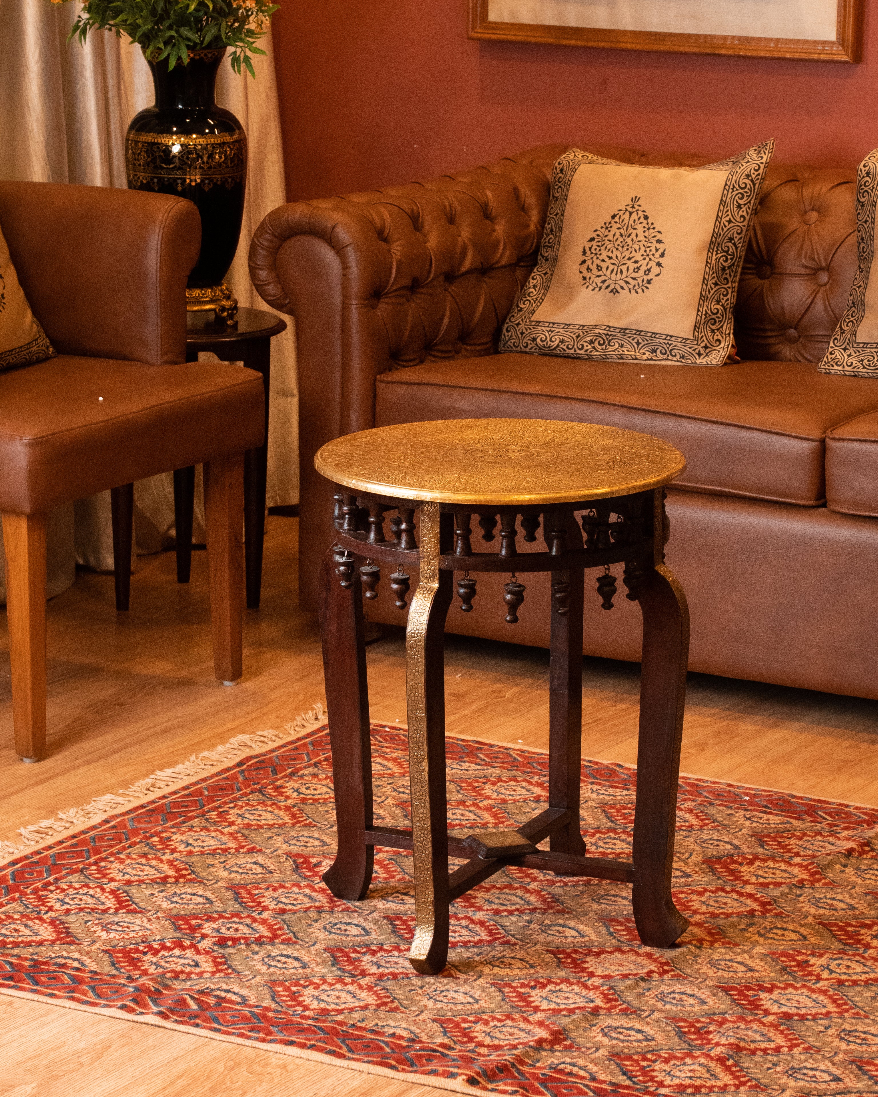 Elements of Piharwa Wooden Round Table with Brass Fitted Top