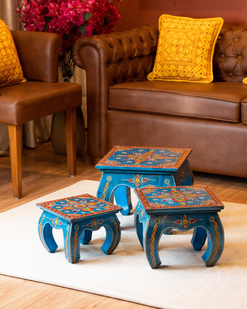 Elements of Piharwa Wooden hand-painted nested stools - (set of 3)