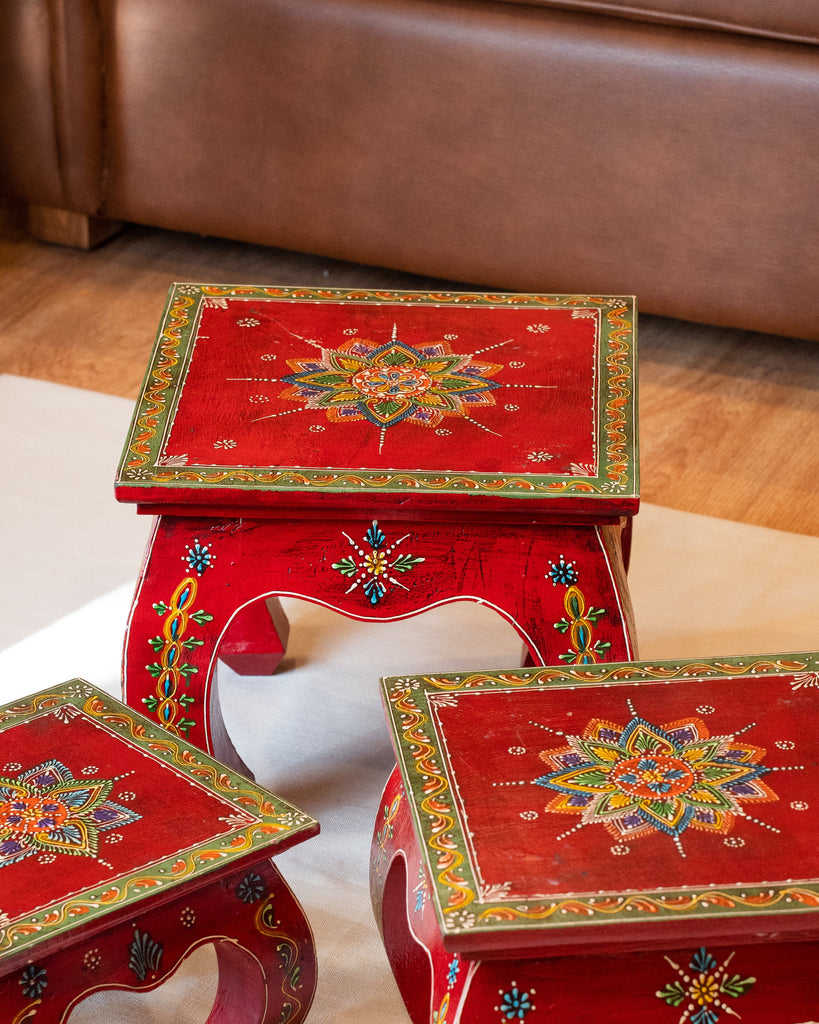 Elements of Piharwa Wooden hand-painted nested stools - (set of 3)