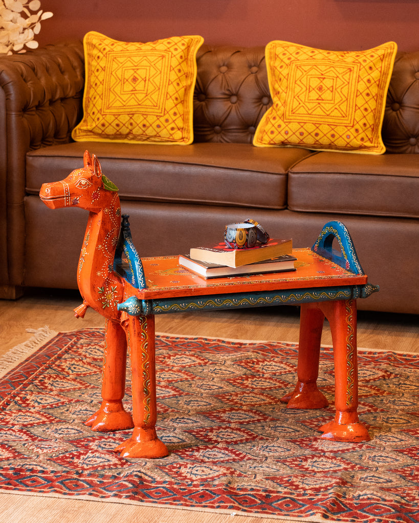 Elements of Piharwa Handcrafted Camel Bust Stool Orange & Blue