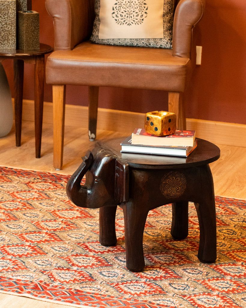 Elements of Piharwa Handcrafted Elephant Bust Side Stool - Dark Brown