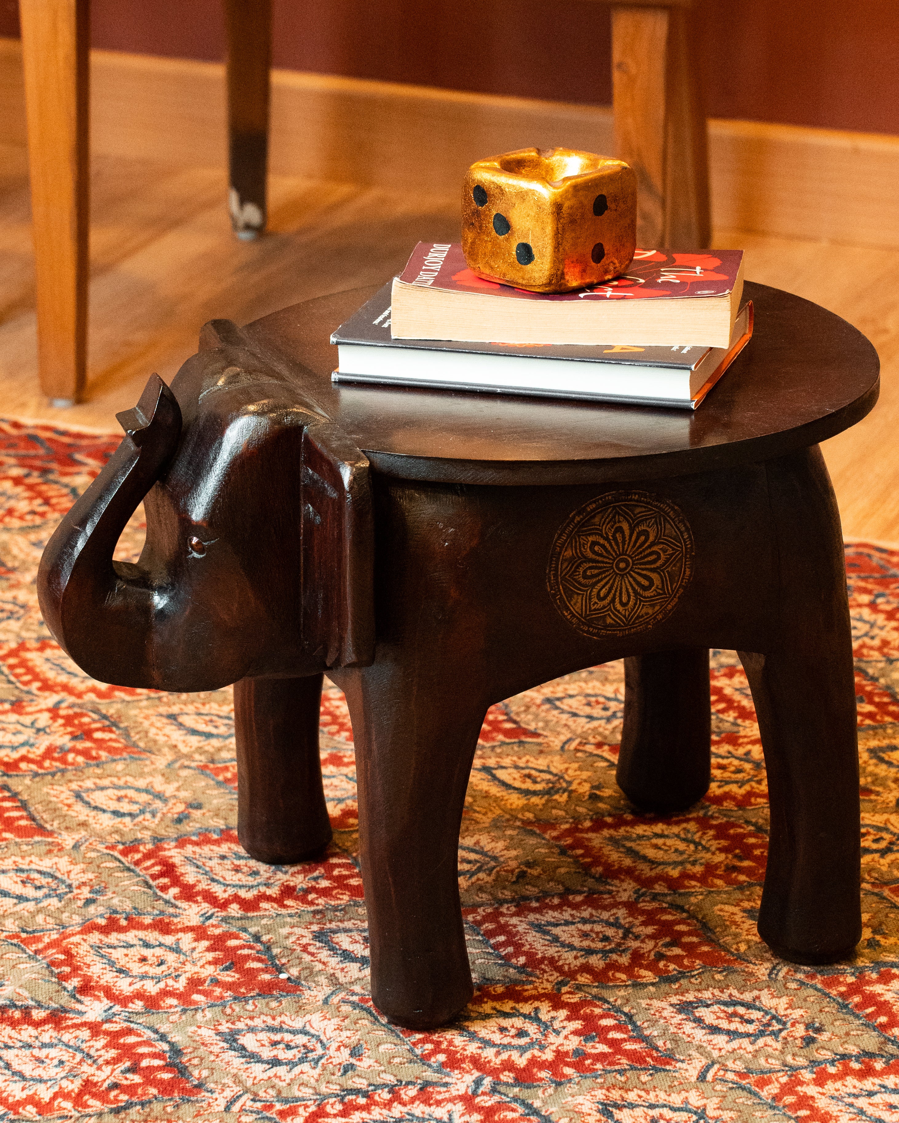 Elements of Piharwa Handcrafted Elephant Bust Side Stool - Dark Brown Dark Brown 14 inches