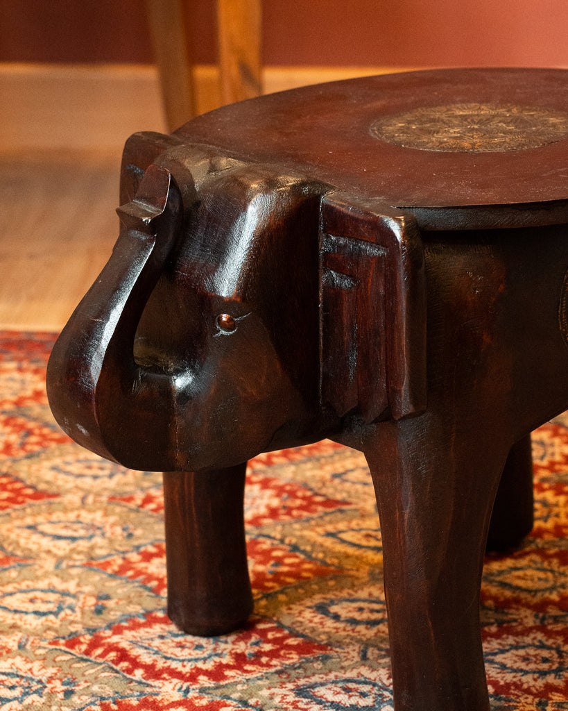 Elements of Piharwa Handcrafted Elephant Bust Side Stool - Dark Brown