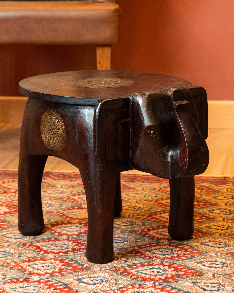 Elements of Piharwa Handcrafted Elephant Bust Side Stool - Dark Brown