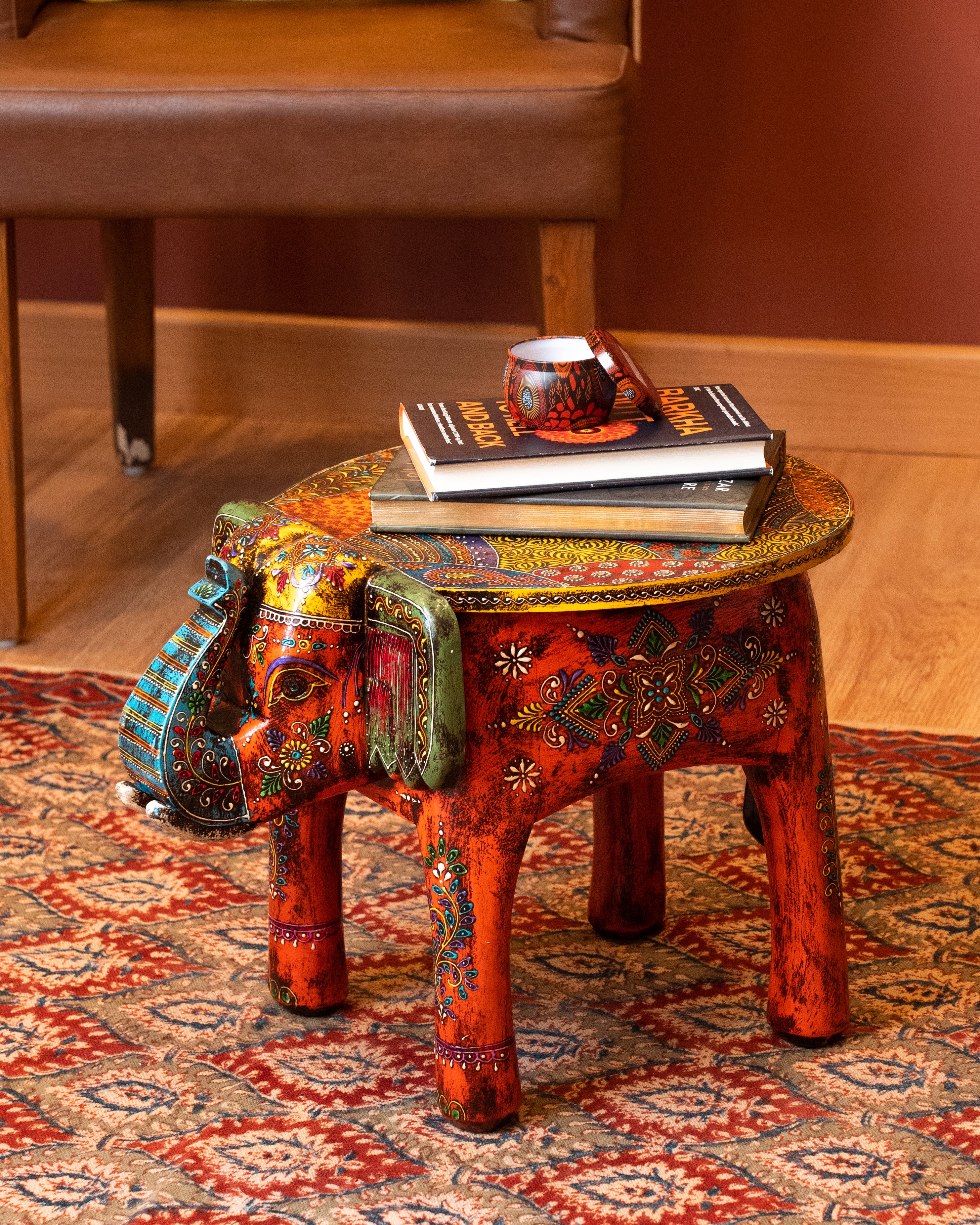 Elements of Piharwa Handcrafted Elephant Bust Side Stool Orange 14 inches