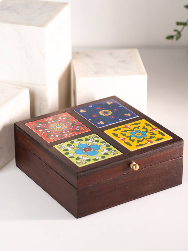 Elements of piharwa Handcrafted Wooden 4 Tile Storage Box