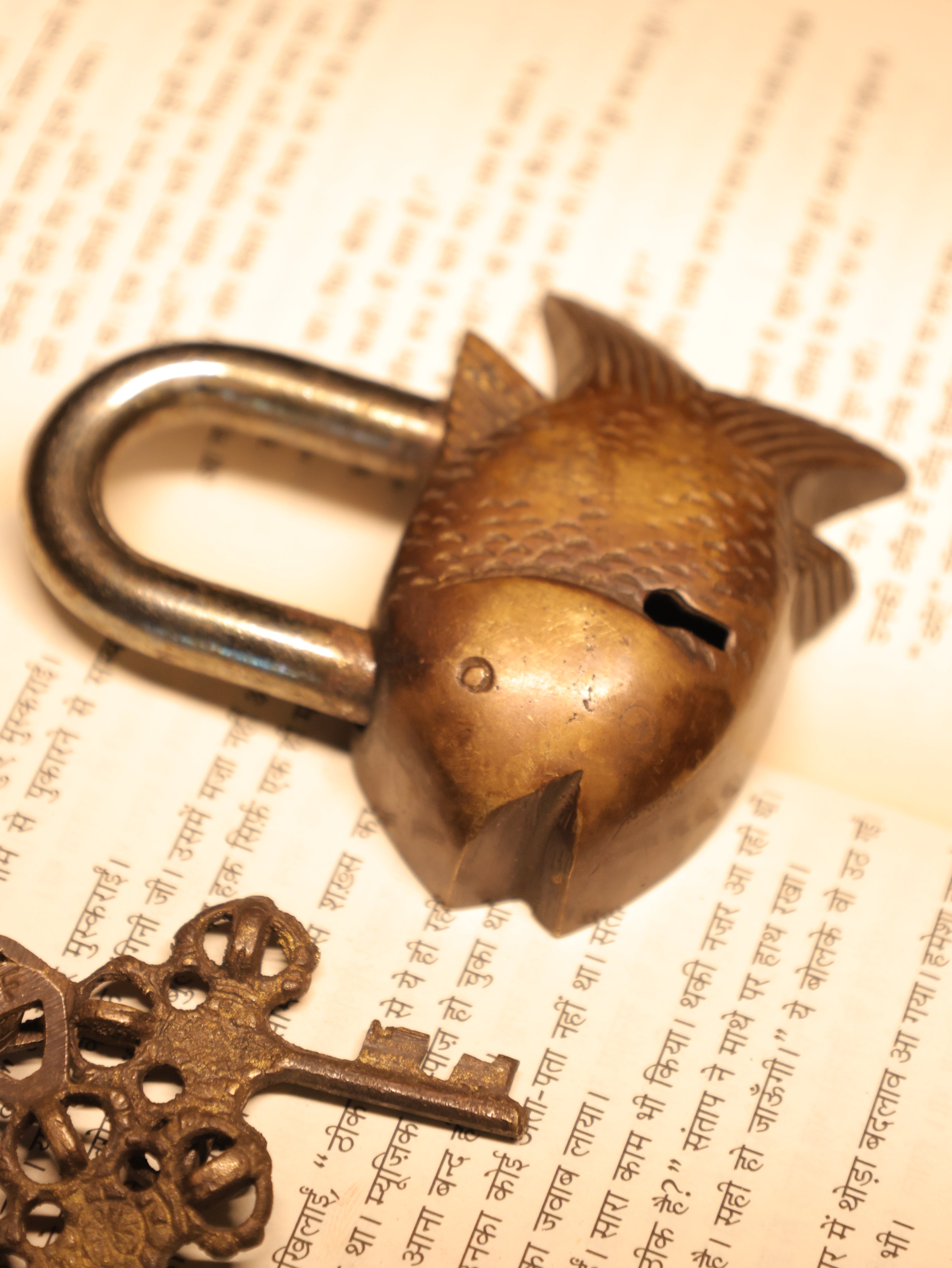 Bronze padlock on a piece of paper with text