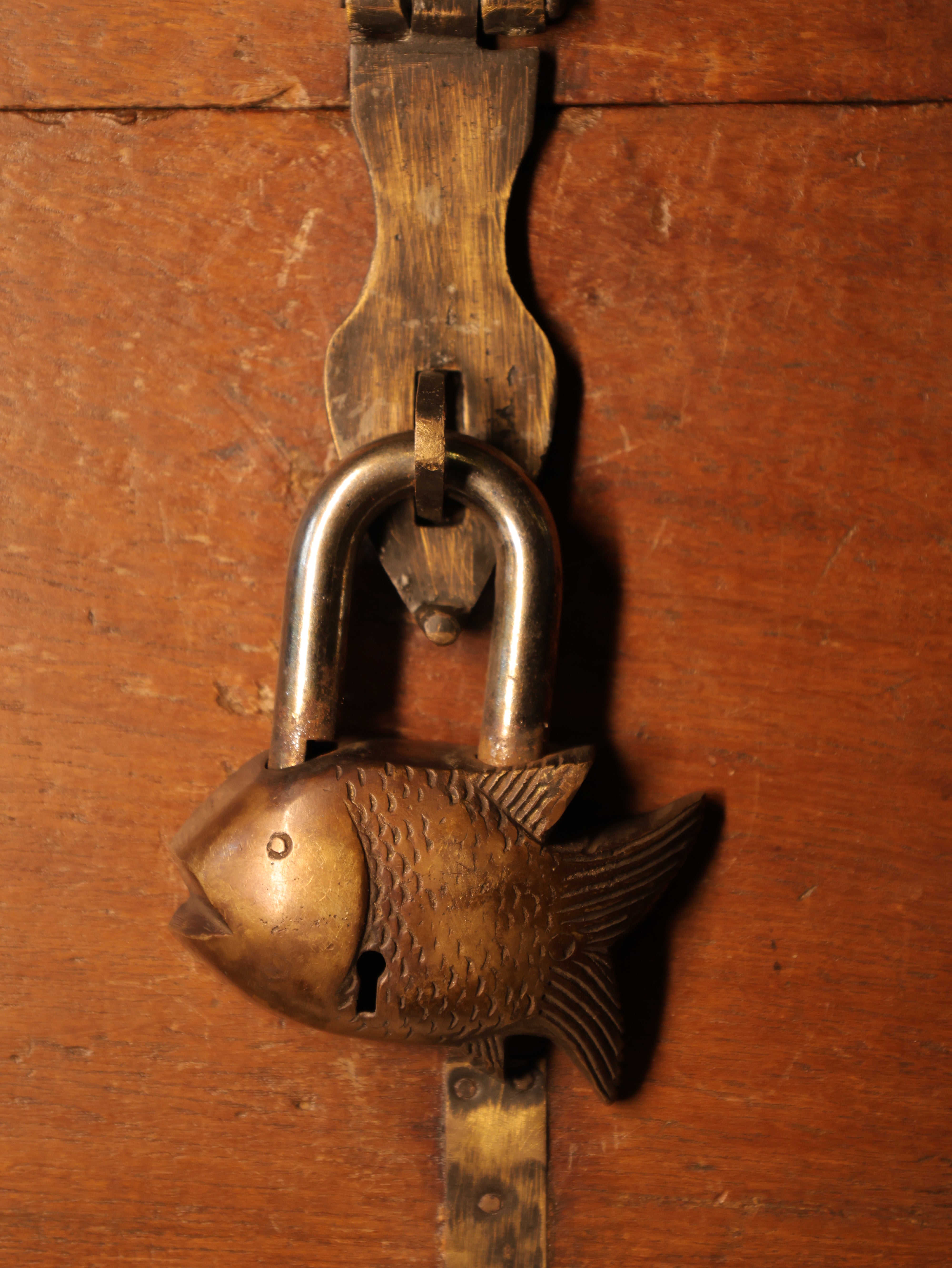 Decorative fish-shaped door handle on a wooden door