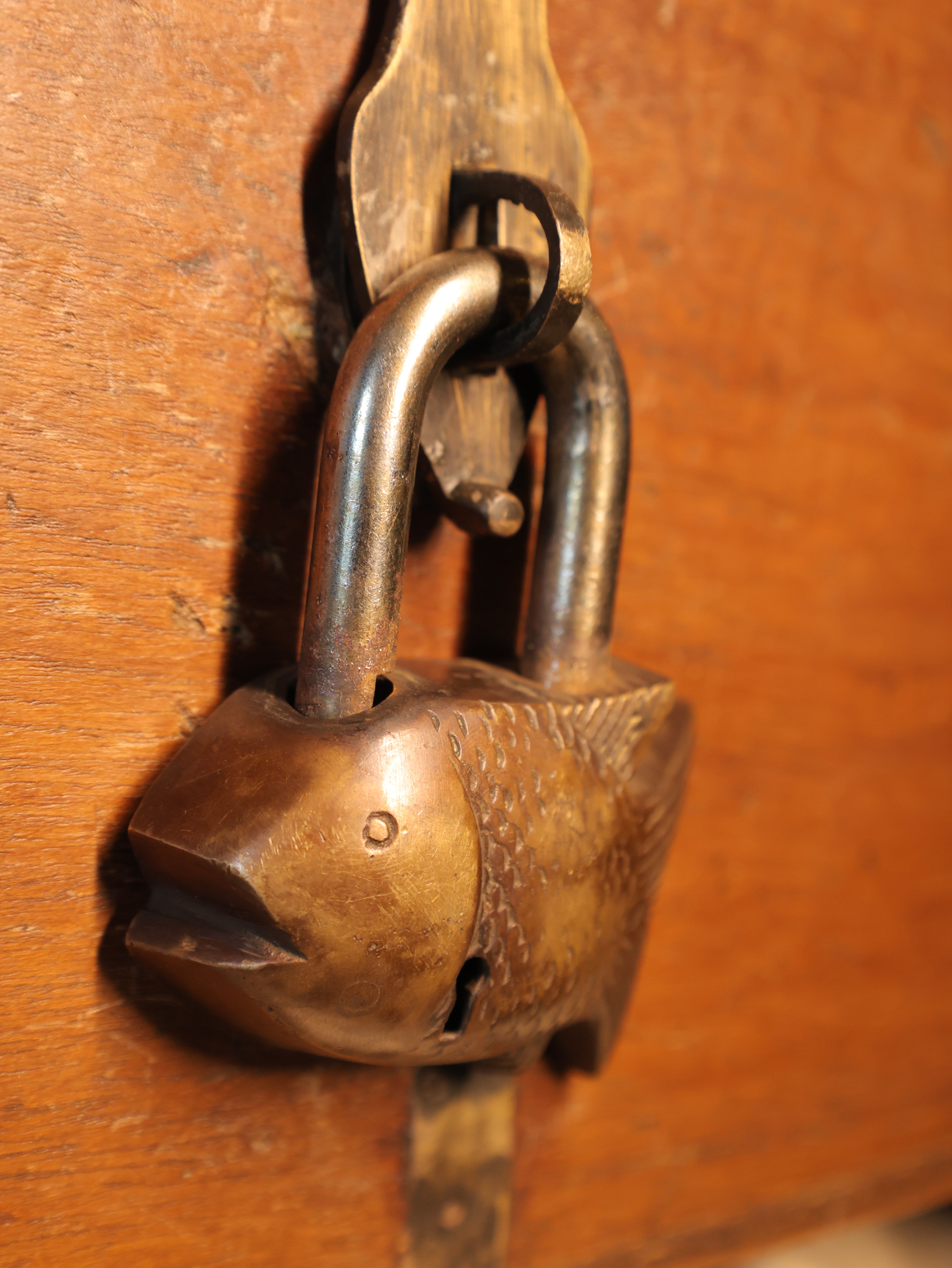 Close-up of a brass padlock on a wooden surface