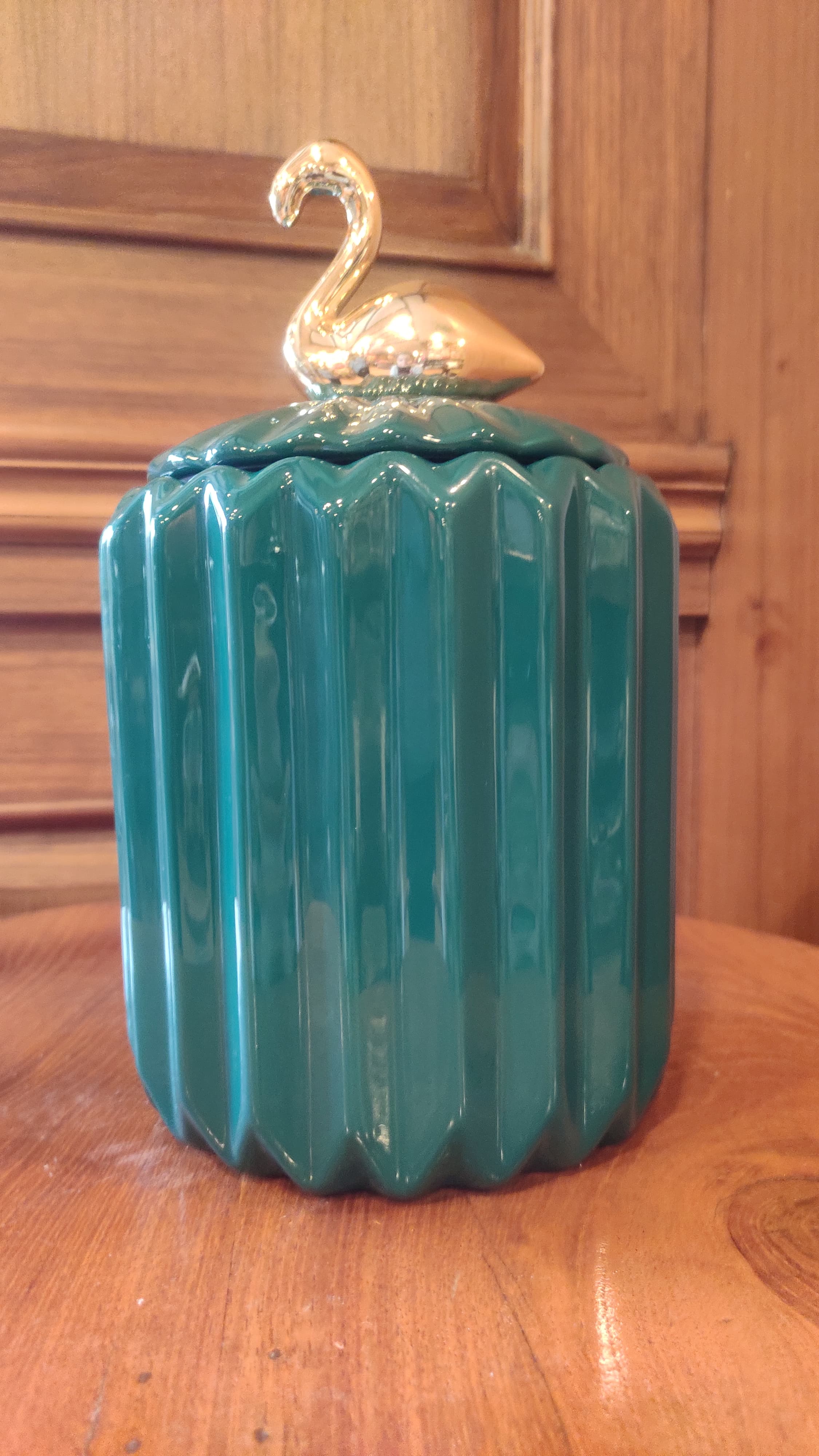 Elements of Piharwa Modern Ribbed Ceramic Jar with Bird Knob Teal