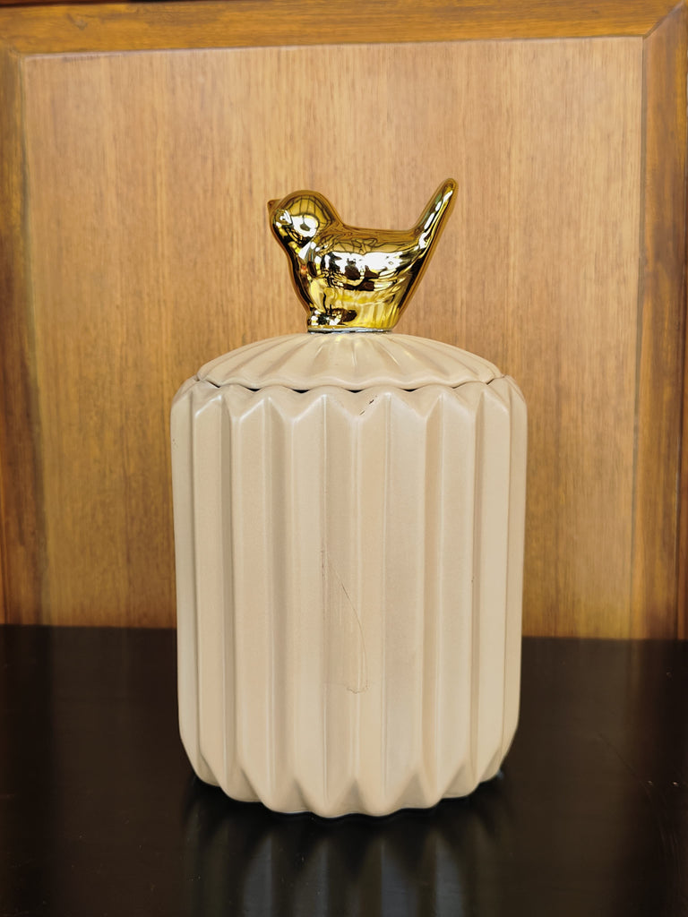 Elements of Piharwa Modern Ribbed Ceramic Jar with Bird Knob