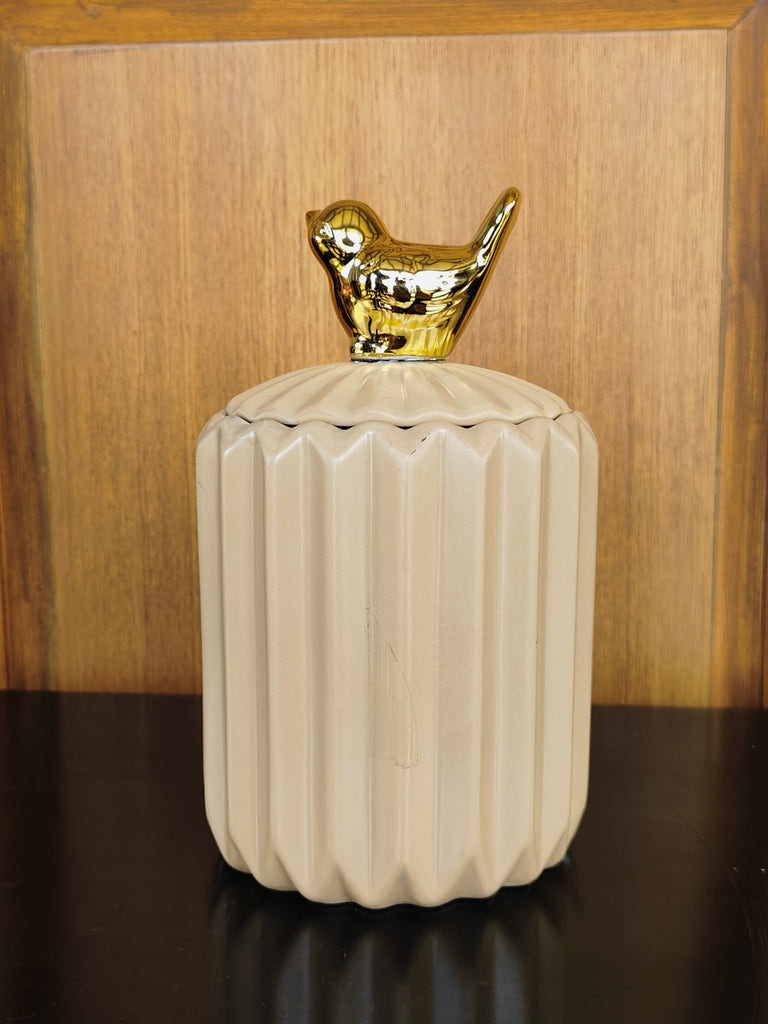 Elements of Piharwa Modern Ribbed Ceramic Jar with Bird Knob Beige