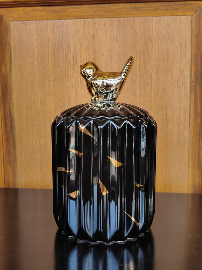 Elements of Piharwa Modern Ribbed Ceramic Jar with Bird Knob black