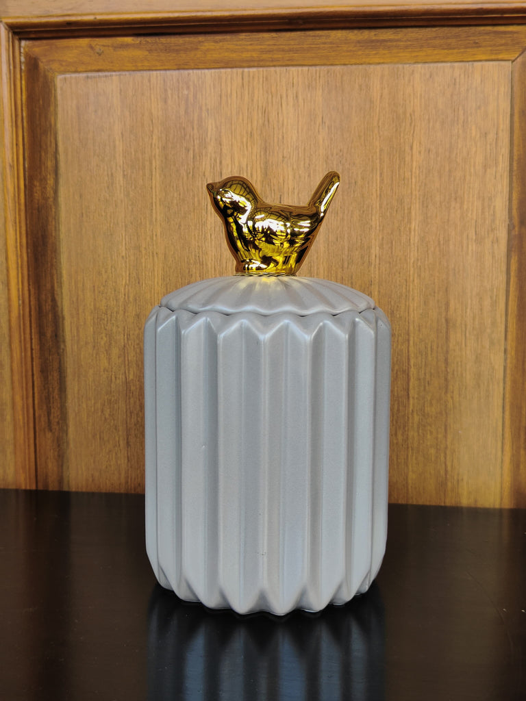 Elements of Piharwa Modern Ribbed Ceramic Jar with Bird Knob