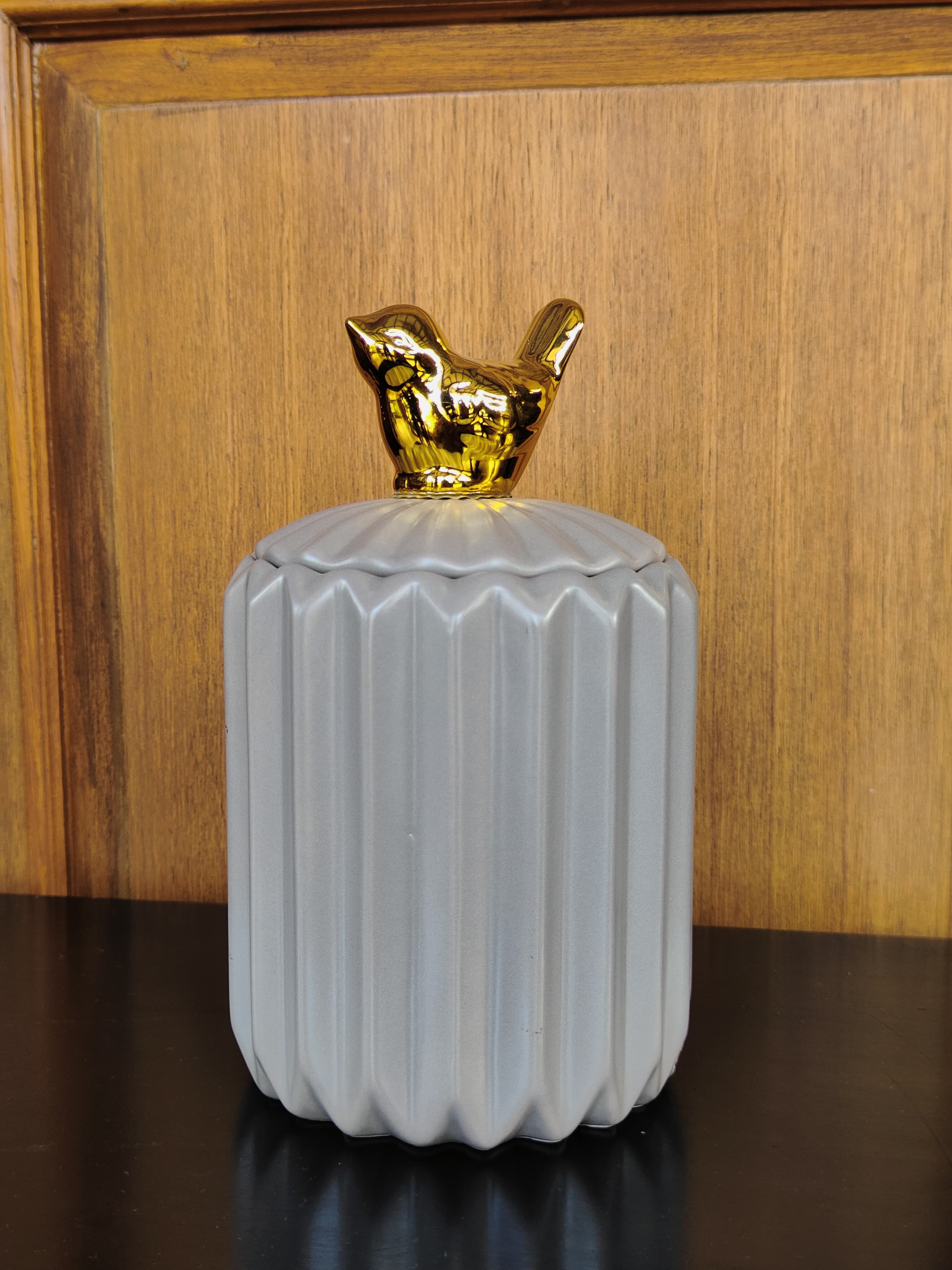 Elements of Piharwa Modern Ribbed Ceramic Jar with Bird Knob Grey