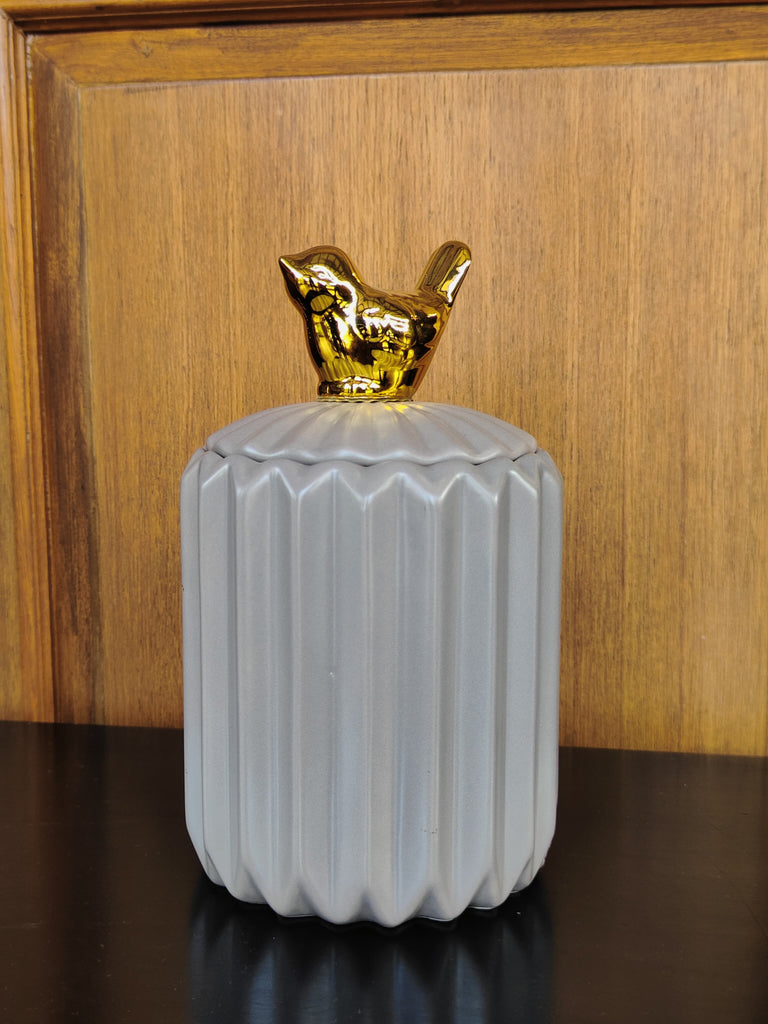 Elements of Piharwa Modern Ribbed Ceramic Jar with Bird Knob Grey